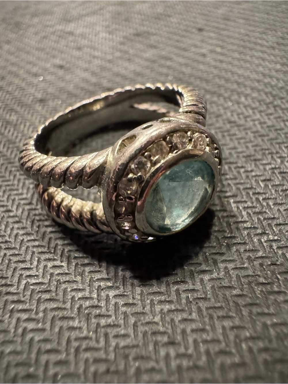 Silver Tone Aquamarine Ring with Clear Rhinestones